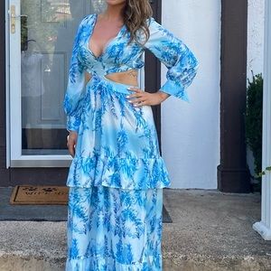 floral print puff sleeve side cut out frill tiered maxi dress blue